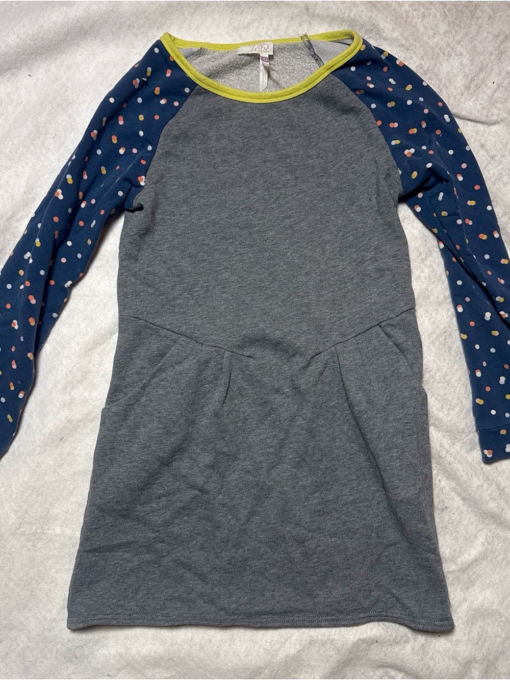 Matilda Jane Gray Long Sleeve Sweatshirt Dress with Navy Dot Sleeves and Pockets
